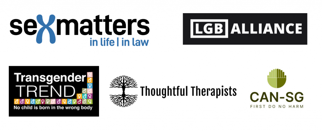 Sex MAtters, LGB Alliance, Transgender Trend, Thoughtful Therapists, CAN-SG
