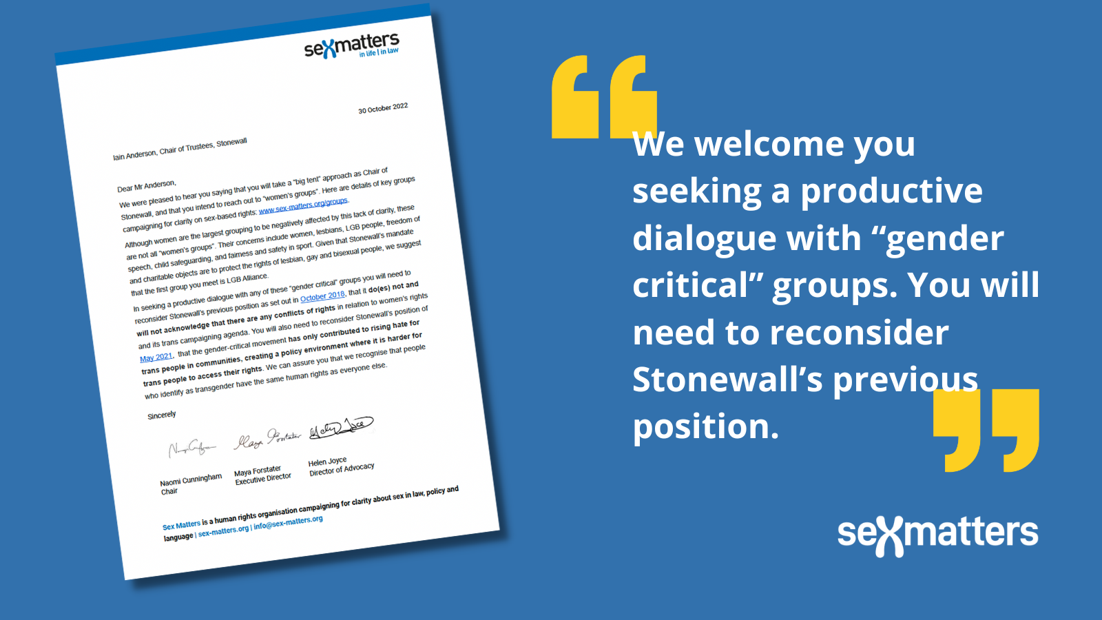 Sex Matters writes to the new Chair of Stonewall Sex Matters 