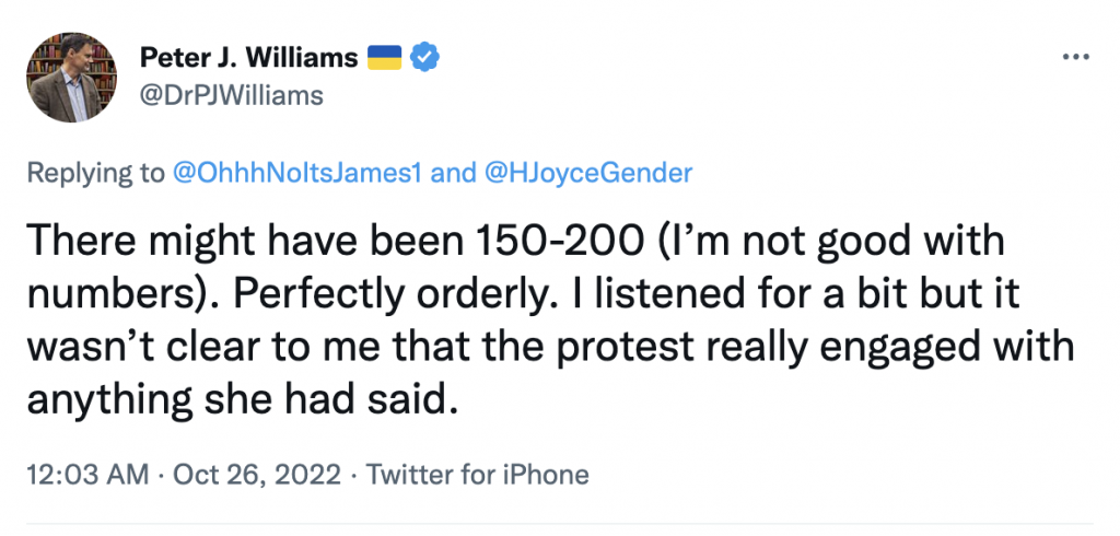 There might have been 150-200 (I’m not good with numbers). Perfectly orderly. I listened for a bit but it wasn’t clear to me that the protest really engaged with anything she had said
