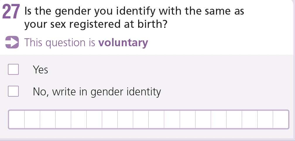 27. “Is the gender you identify with the same as your sex registered at birth?”.
This question is voluntary
-yes
-no, write in gender