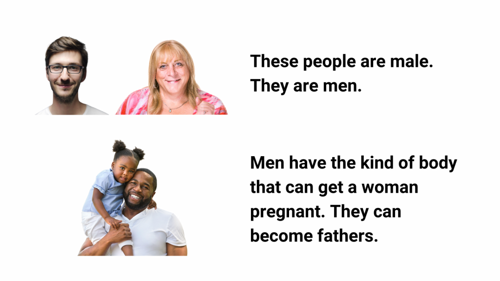 These peiople are male. 
They are men.
Men have the kind of body that can get a woman pregnant. They can become fathers.