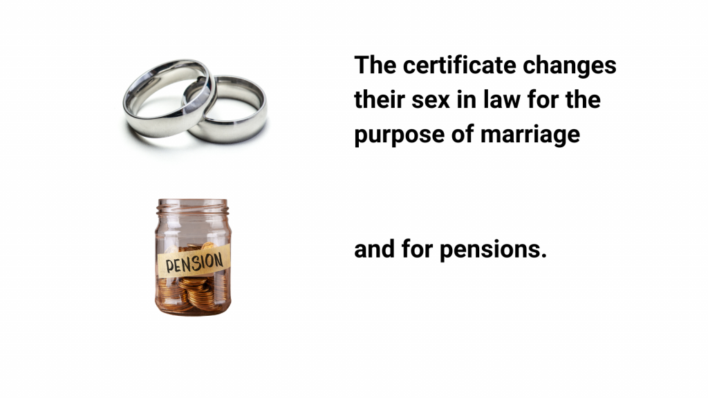 The certificate changes their sex in law for the purpose of marriage
and for pensions.