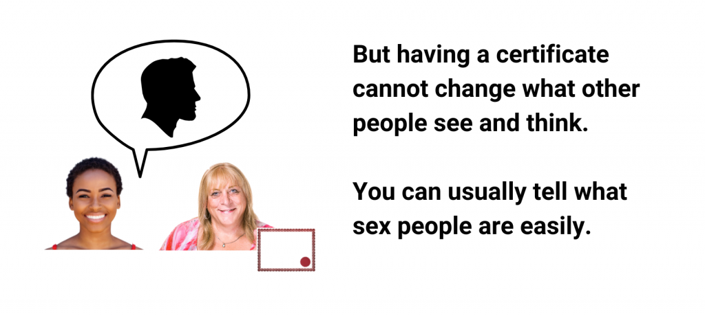 But having a certificate cannot change what other people see and think.
You can usually tell what sex people are easily.