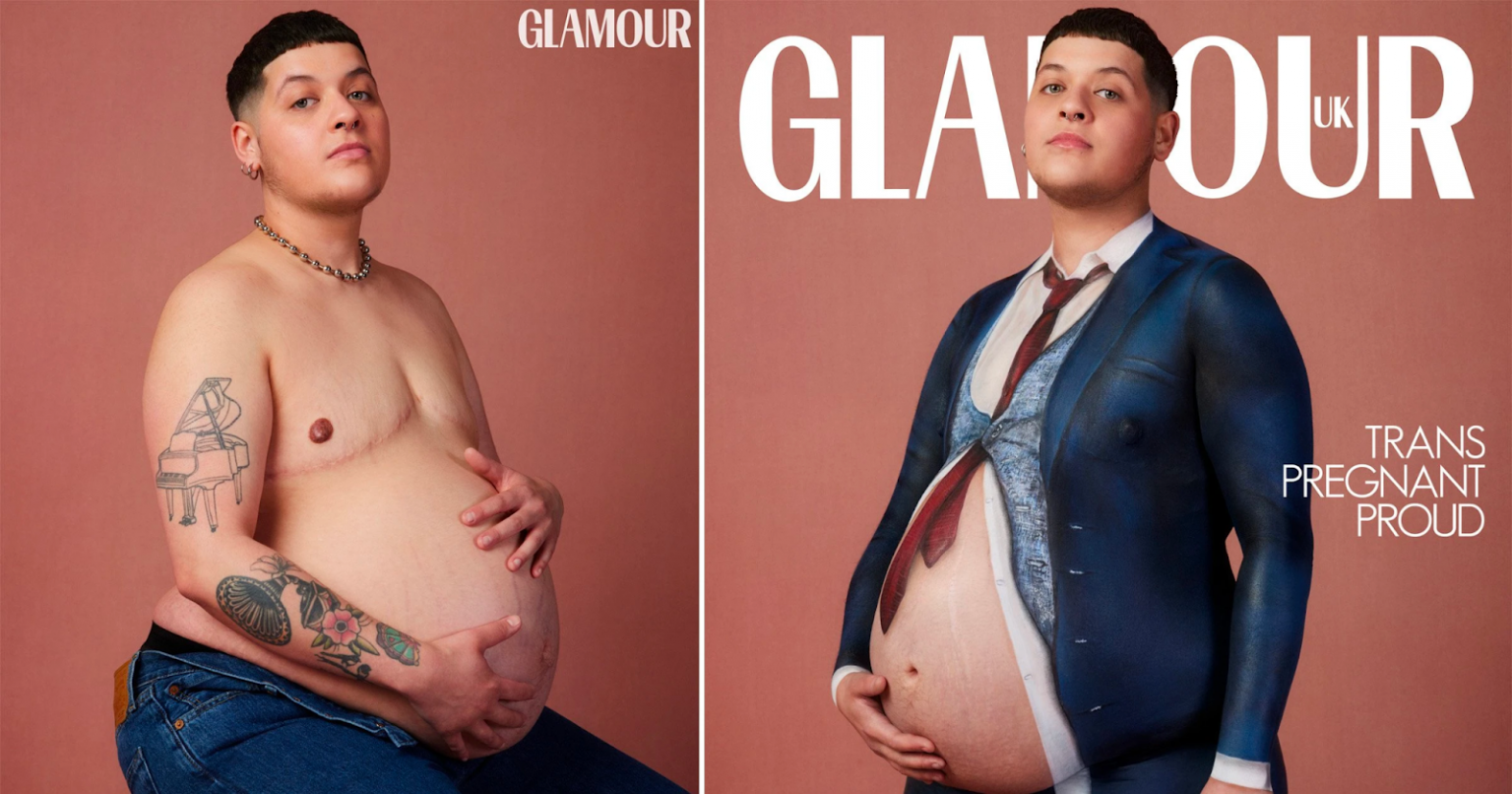 Cover of Glamour UK magazine showing woman with pregnancy bump with a shirt...