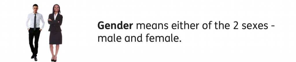 Gender means either of the 2 sexes – male and female