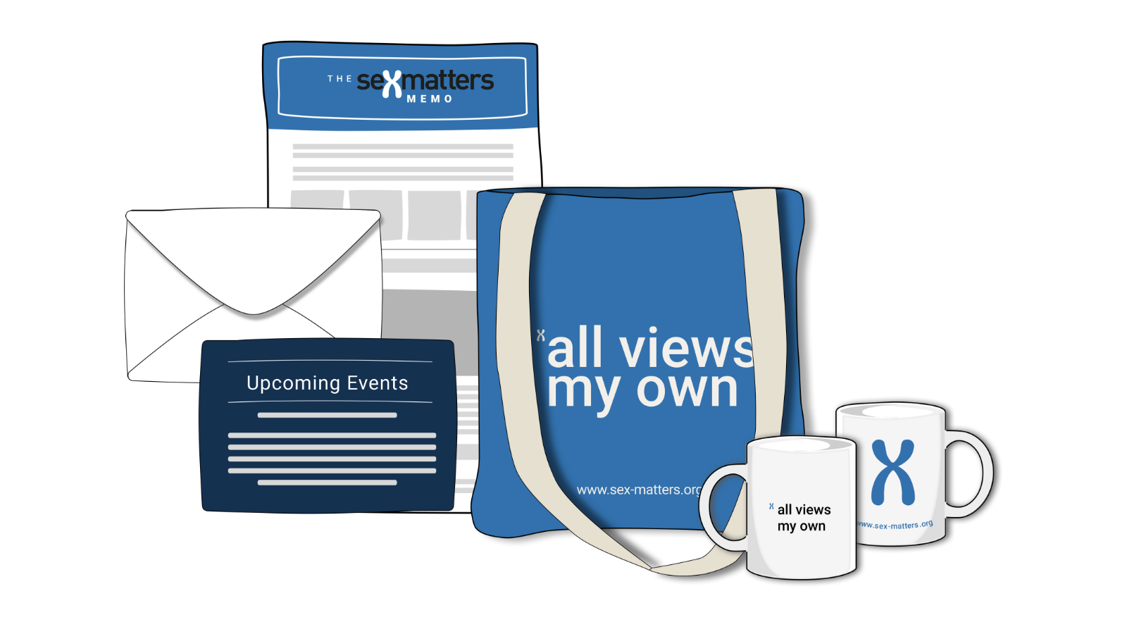 Picture of Sex Matters merchandise – bag and mug saying 'all views my own'.