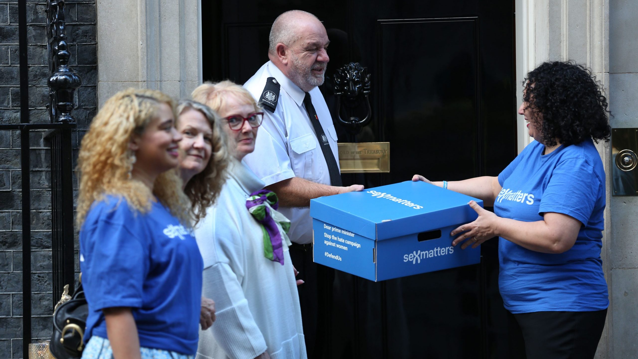 Maya Forstater and other campaigners hand in their letter to 10 Downing Street