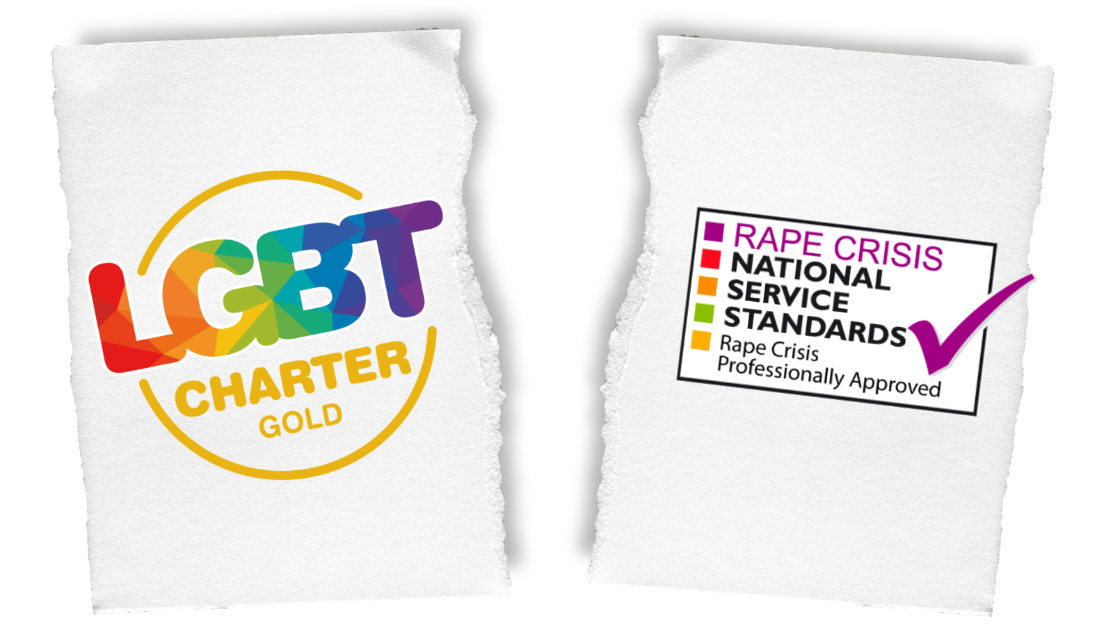 LGBT logo on one side, ripped away from list of Rape Crisis standards