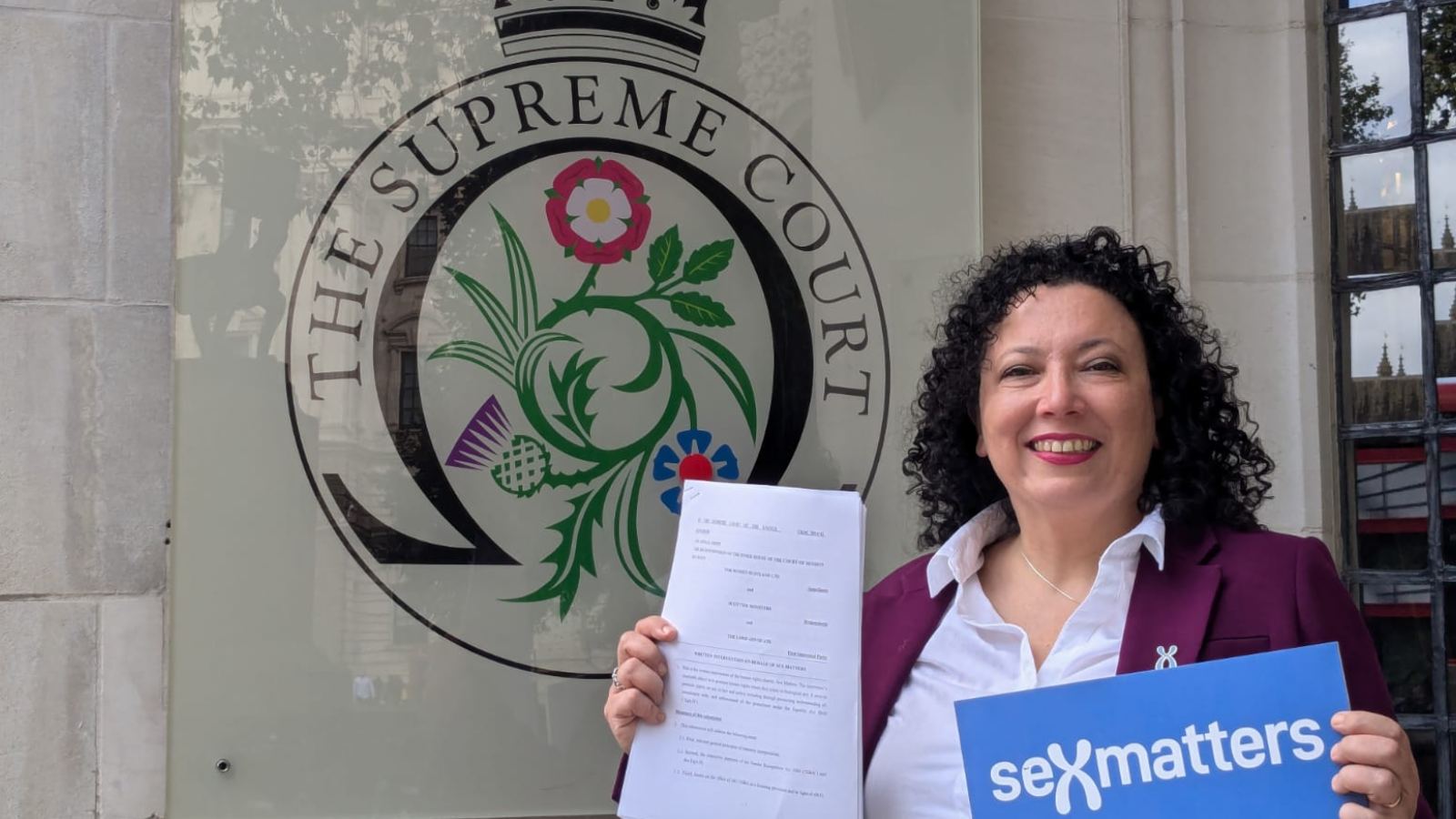 Maya Forstater stands in front of the Supreme Court with our intervention