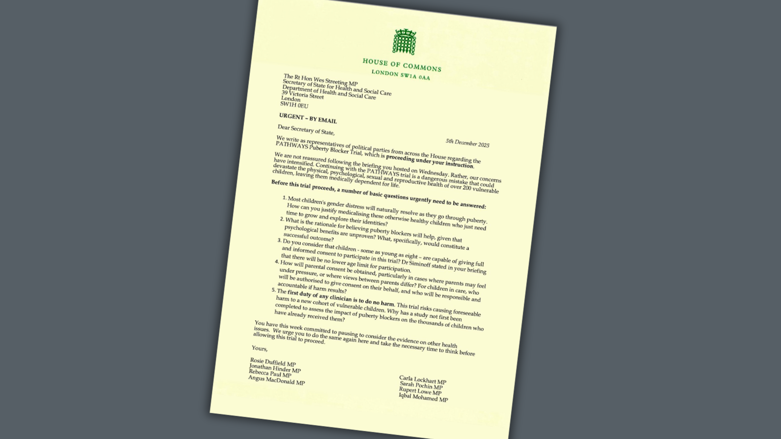 MP letter to Streeting
