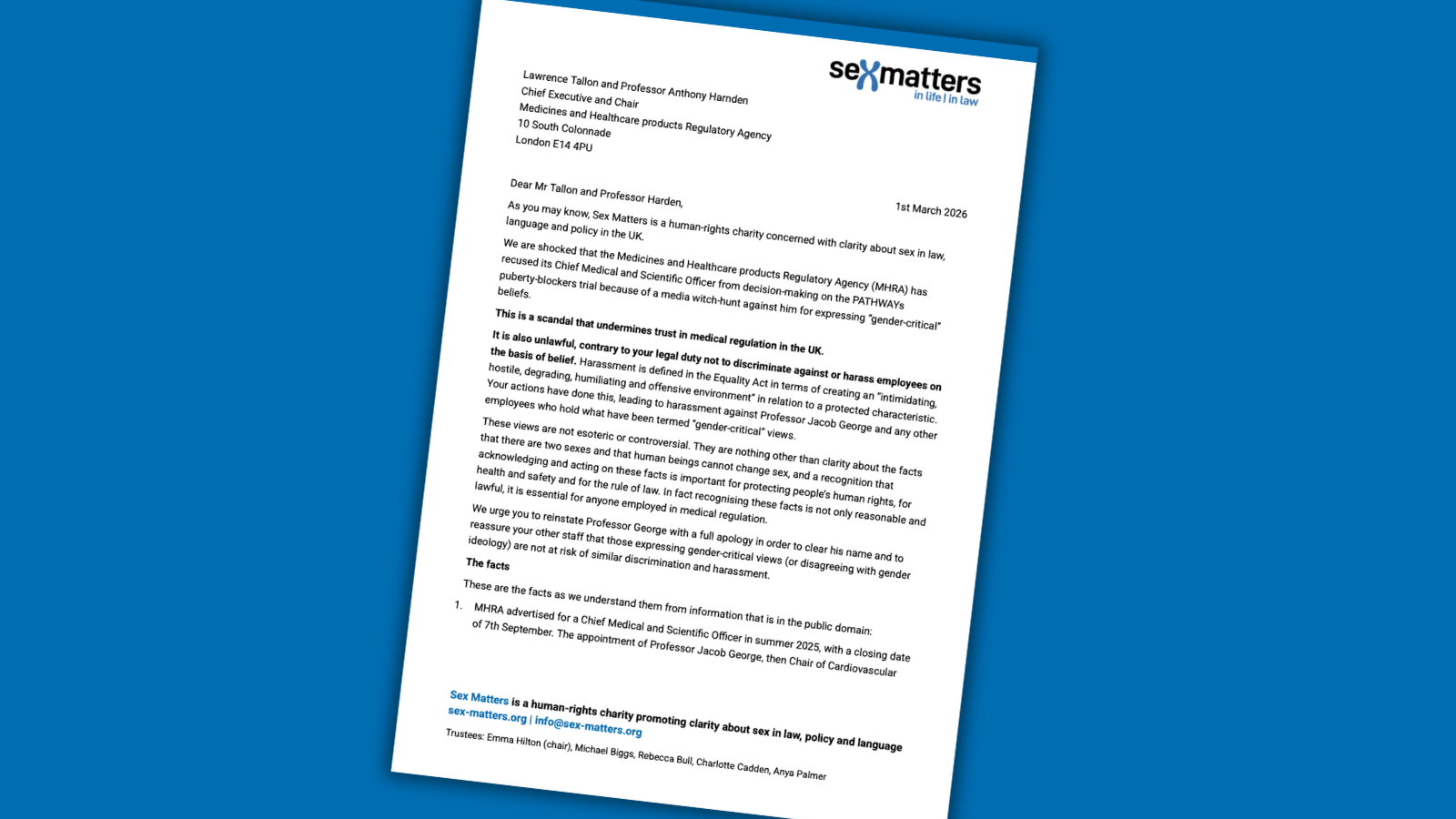 Letter to MHRA re Prof George