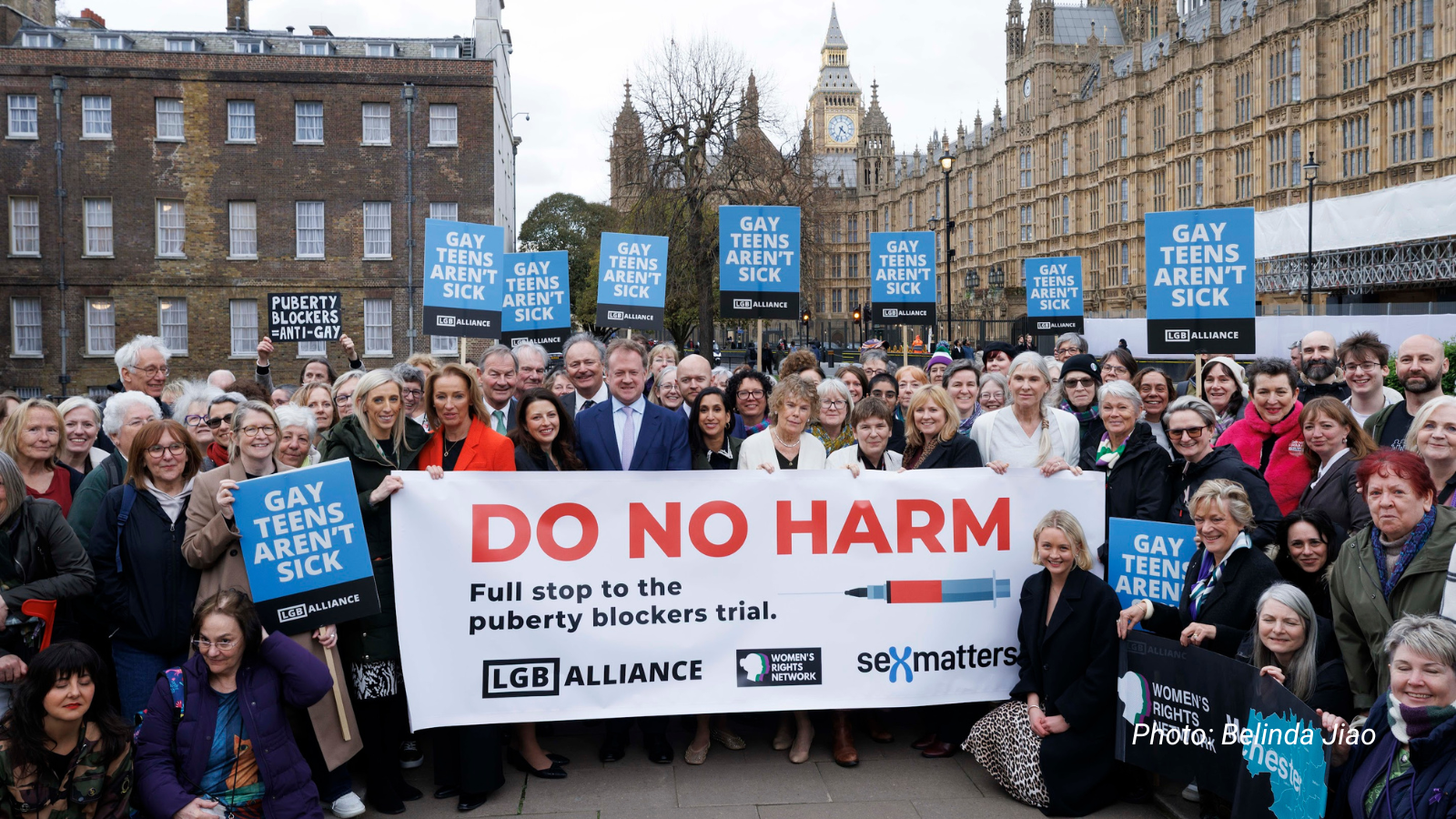 Women's Rights Network, LGB Alliance and Sex Matters lobby day in parliament campaigning to stop the puberty-blockers trial. Pictured: (L to R) Carla Lockhart MP, Sarah Pochin MP, Rupert Lowe MP, Joy Morrisey MP, Lord Strathcarron, Lord Leicester, Greg Stafford MP, Jonathan Hinder MP, Claire Coutinho MP, Baroness Hoey, Baroness Fox, Rosie Duffield MP, Baroness Davies.