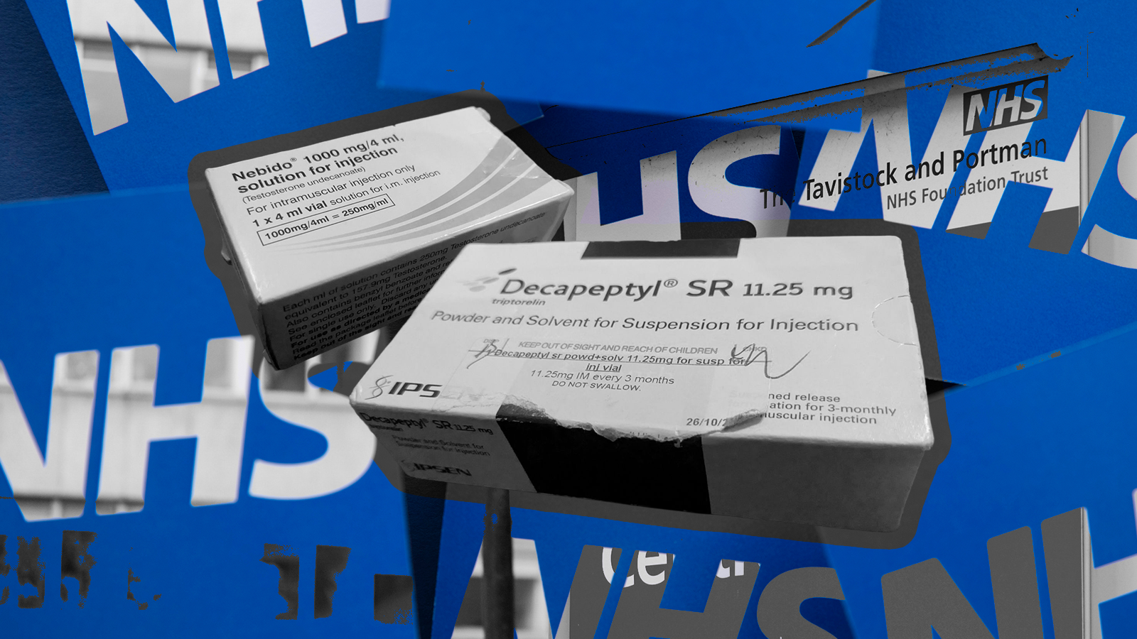 Boxes of prescription drugs, NHS logos, Tavistock & Portman clinic