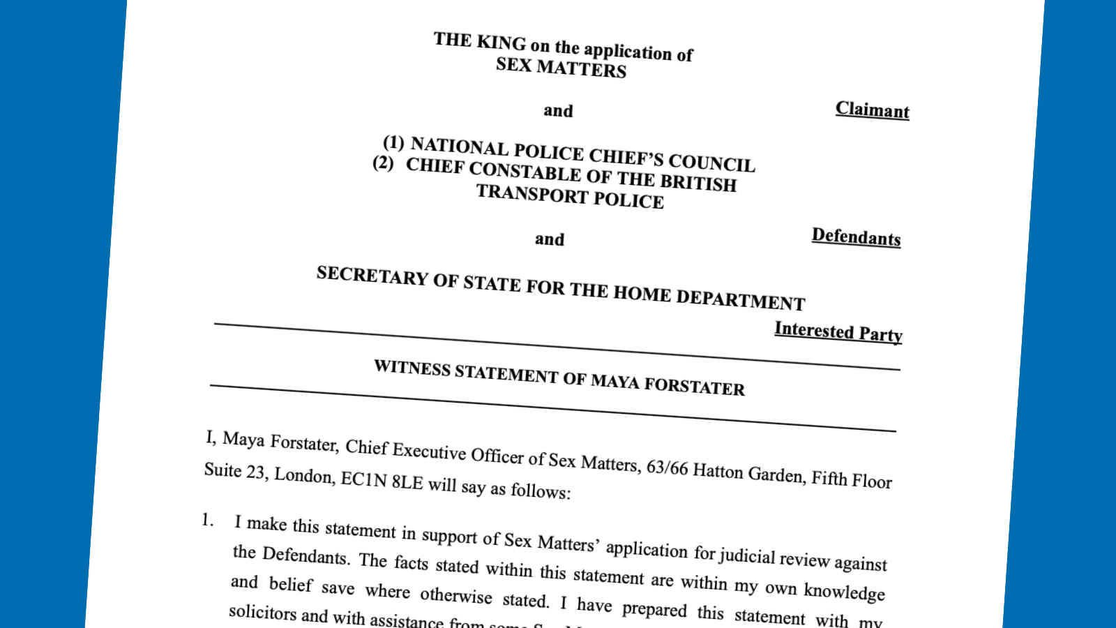 Witness statement Forstater in R (Sex Matters) v NPCC and BTP